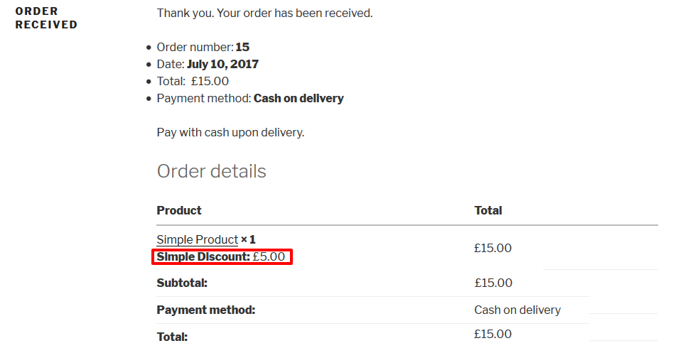 Category Discounts for WooCommerce - Order Confirmation page