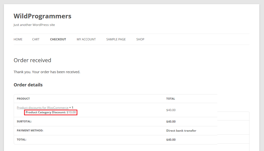 Product Category Discount for Woo - Order Confirmation Page