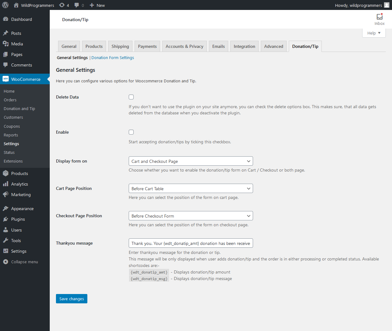 WooCommerce Donation and Tip - General Settings page
