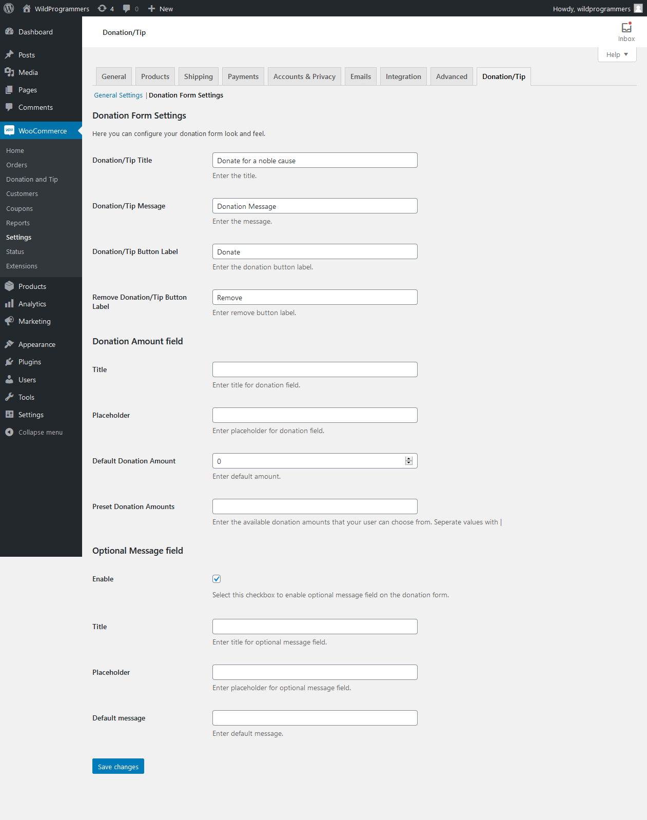 WooCommerce Donation and Tip - Donation Form Settings page